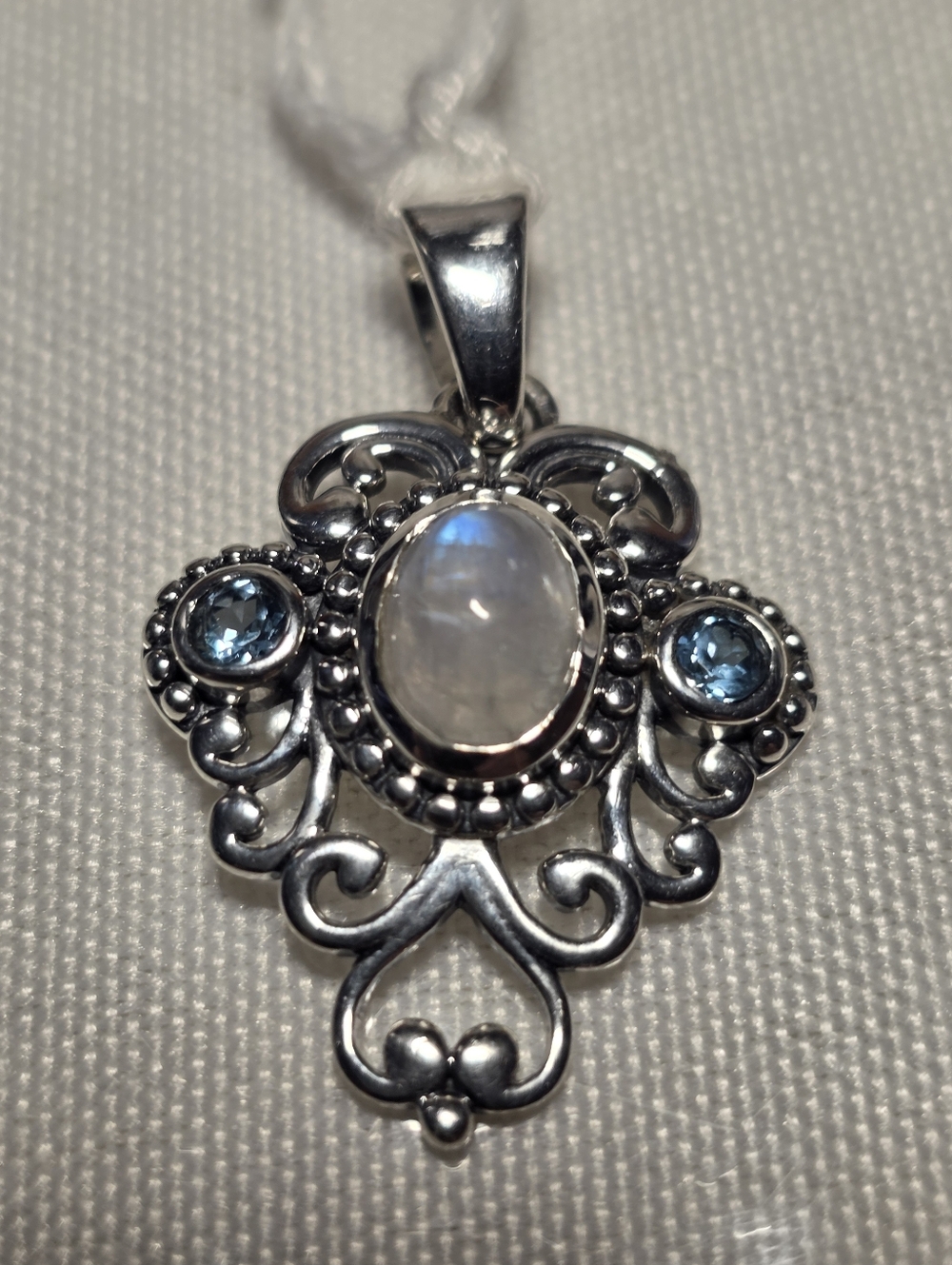 Sterling Silver Rainbow Moonstone and Blue Topaz Filigree Pendant - White/Blue